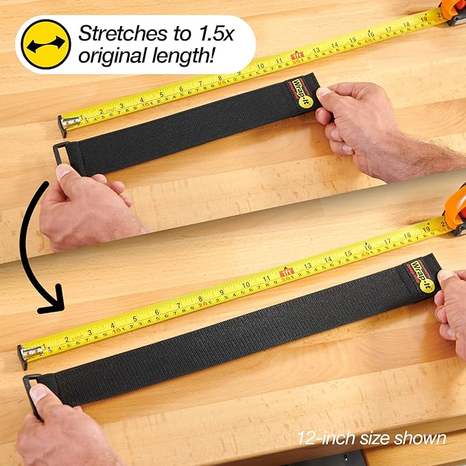 Super-Stretch Wrap-It Storage Straps, 6" (12 Pack) - Elastic Hook and Loop Cinch Straps - Extension Cord Organizer, Hose Strap, Cable Straps, Tool Strap, Cord Wrap, Cord Keeper and Cable Storage