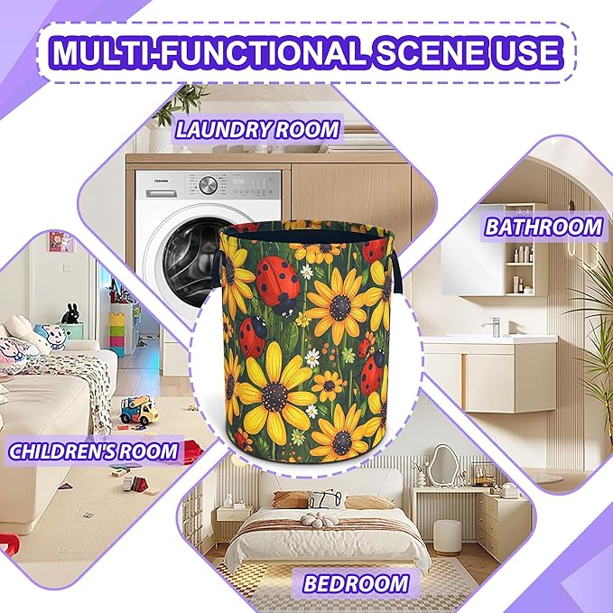 Ladybug Sunflower Laundry Basket Cartoon Oxford Cloth Laundry Hamper Funny With Handle Foldable Portable Clothes Storage Basket 18.9 X 16.5 In Storage Bag For Laundry Room/Bathroom/Bedroom/Dormitories