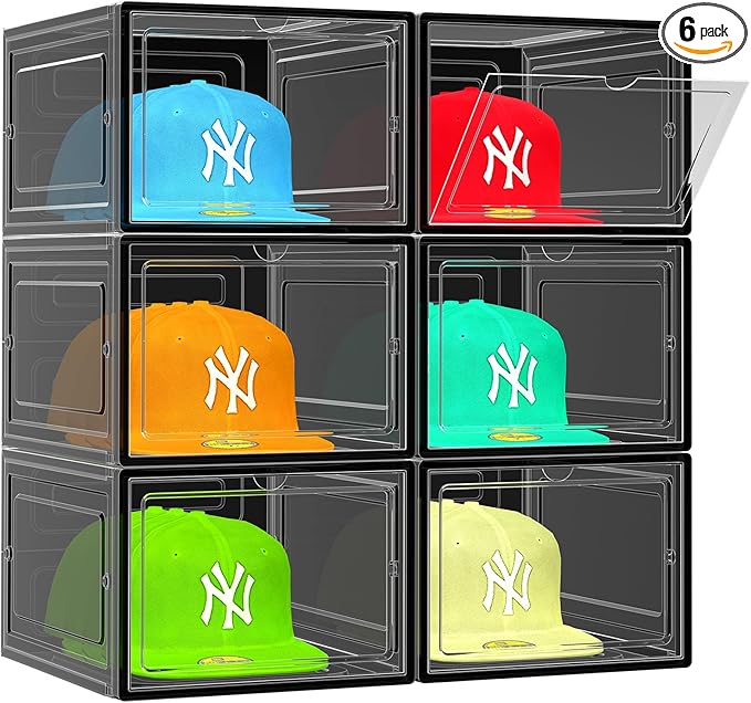 6 Pack Hat Organizer Box, Stackable Clear Baseball Caps Holder Box Containers with Magnetic Door for Hats Snapback Cap Storag, Hat Rack Display Case, Holds 8 Hats Each (Black)