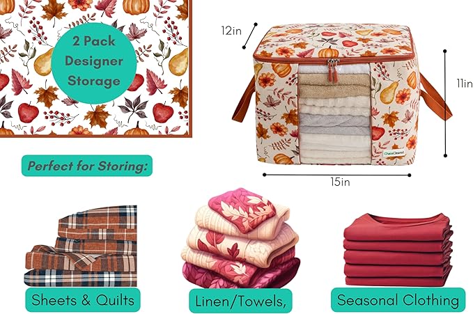 Canvas Storage Bags Designer Organizer 2 Pack – Seasonal Storage for Sweaters, Blankets, Linens & Garments – Foldable Design with Zip & Window, Moth-Proof Space Saver, Autumn Print