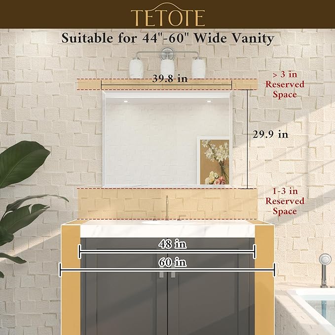 TETOTE 40" x 30" Rectangle Mirror with Frameless Tempered Beveled Edge for Vanity and Bathroom