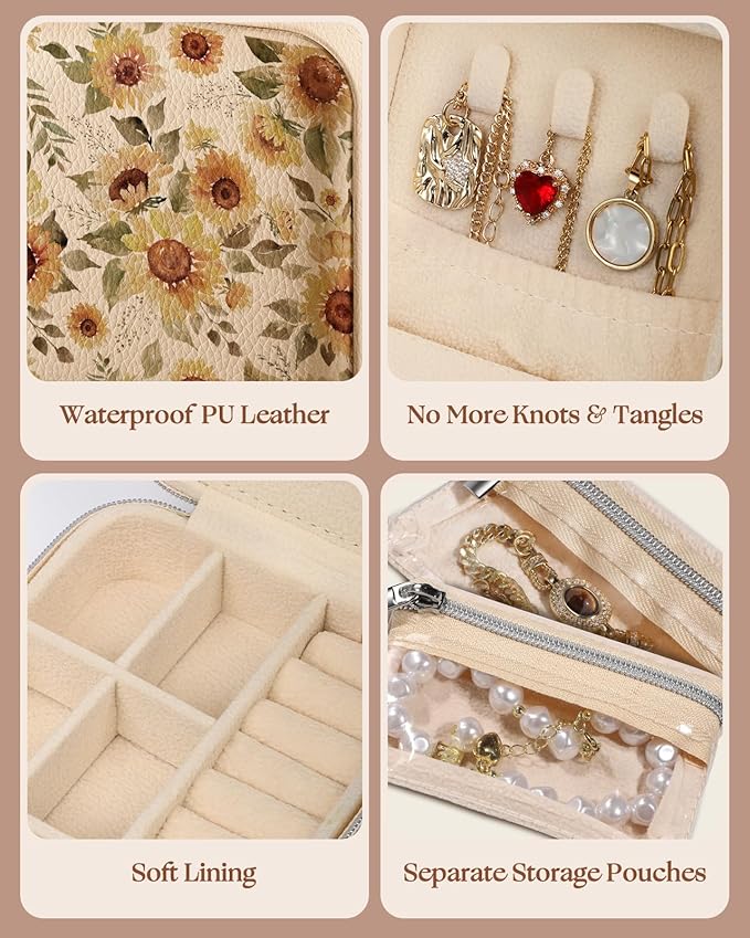 Bistup Travel Jewelry Case - Small Jewelry Organizers and Storage Box for Women Girls Teens Cute Traveling Jewelry Holder with Mirror Little Tiny Compact Modern Unique Aesthetic Pretty, Sunflower