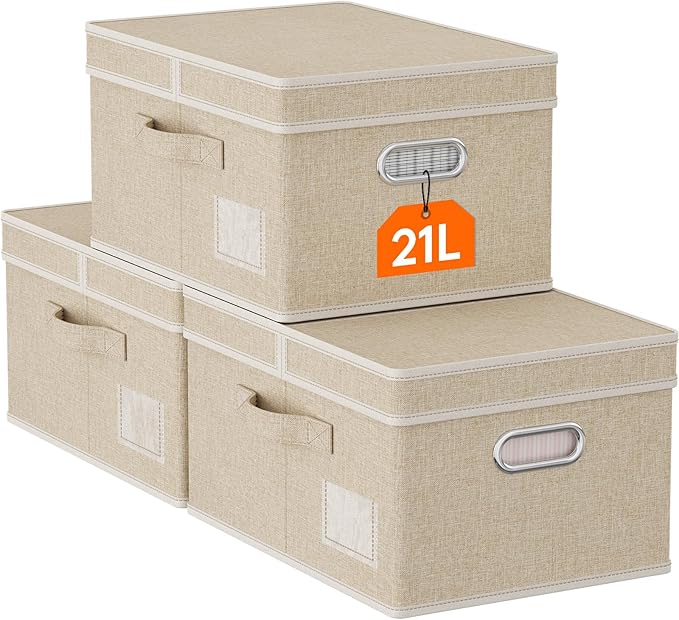 Lifewit Clothes Storage Bins with Lids, Fabric Foldable Storage Boxes with Handles, Decorative Closet Organizer, Stackable Cube Baskets Container for Bedroom, Office, 21L Medium Beige, 3 Packs