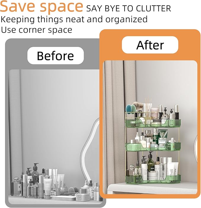 3 Tier Corner Bathroom Organizer Countertop, Vanity Makeup Organizer with Brush Holder, Space-Saving Skincare Storage Corner Shelf for Bathroom, Dressing Table, Kitchen