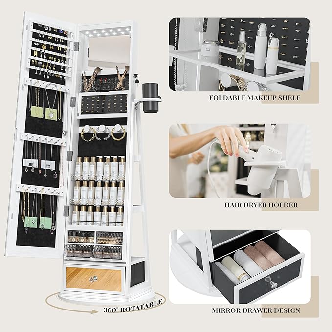 360° Swivel LED Mirror Jewelry Cabinet Standing, Full Length Mirror Jewelry Armoire with Drawer, Standing Jewelry Organizer, Foldable Makeup Shelf, White