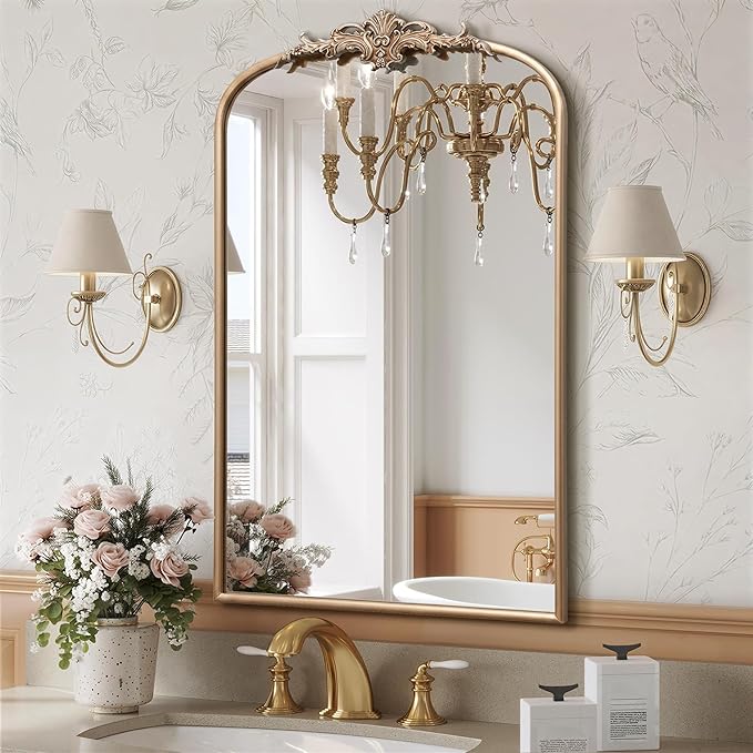 Besdomus Large Antique Wall Mirror: 24"x36" Arched Champagne Gold Vintage Wall Mounted Mirror - Traditional Ornate Home Decor for Entryway/Bedroom/Bathroom - Baroque Idea for Housewife