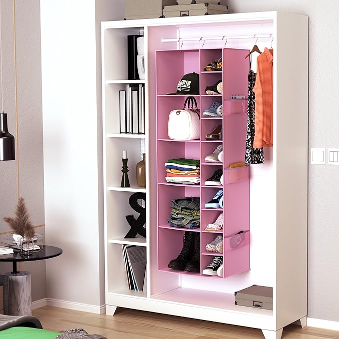 coastal rose Closet Organizers and Storage Shelves, 15 Sections Hanging Shoe Closet Storage Organizer, Space-Saving Shoe Rack Holder Hanger, Pink