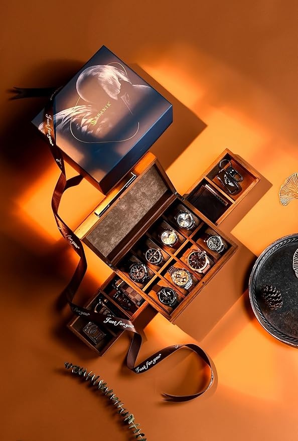 Shanik Luxury Large Watch Box for Men – 8 Slot Organizer with Velvet Pillows, Pull-Out Drawers for Accessories, Jewelry & Oversized Timepieces With Print Design