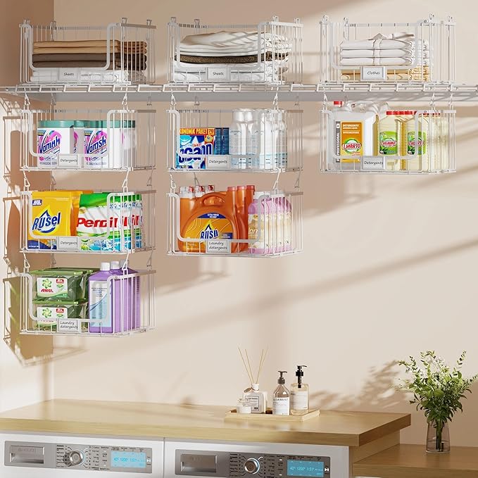 3-Pack Hanging Laundry Organizer, Stackable Wire Shelf Storage with Label Cards, Foldable Metal Baskets with 360°Rotating Hooks,Space-Saving for Laundry Room, Closet & Pantry ,11"×15" Large,White