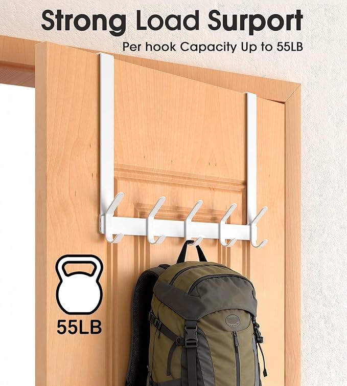 Long Over The Door Hooks Hanger with 15.75" Arms for Easier Access by Shorter, J16U, Perfectly Fits US Standard 1 3/4-inch Doors, Towel Rack Bathroom Organizer Holder, Rustproof, White