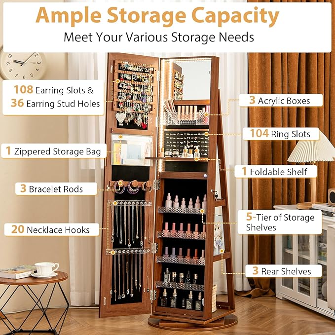 GOFLAME 360° Swivel Jewelry Cabinet Armoire with Full Length Mirror, Standing Jewelry Storage Organizer with Rear Storage Shelves, 3-Color LED Lights, Foldable Shelf, Interior Mirror, Walnut