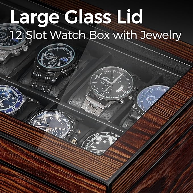 BEWISHOME High-End Watch Box, 12-Slot Watch Case with Large Glass Lid, 2-Layer Wooden Watch Box for Men, Watch Organizer Watch Storage Holder for Men Brown SSH02Y