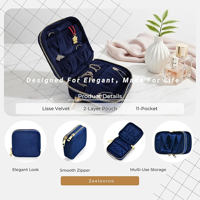 Travel Jewelry Organizer Case, Lisse Velvet 2-Layer Pouch, 11-Pocket for Necklaces, Bracelets, Earrings & Rings, Anti-Tangle Scratch-Resistant Small Jewelry Bag, Elegant Gift (Navy Blue)