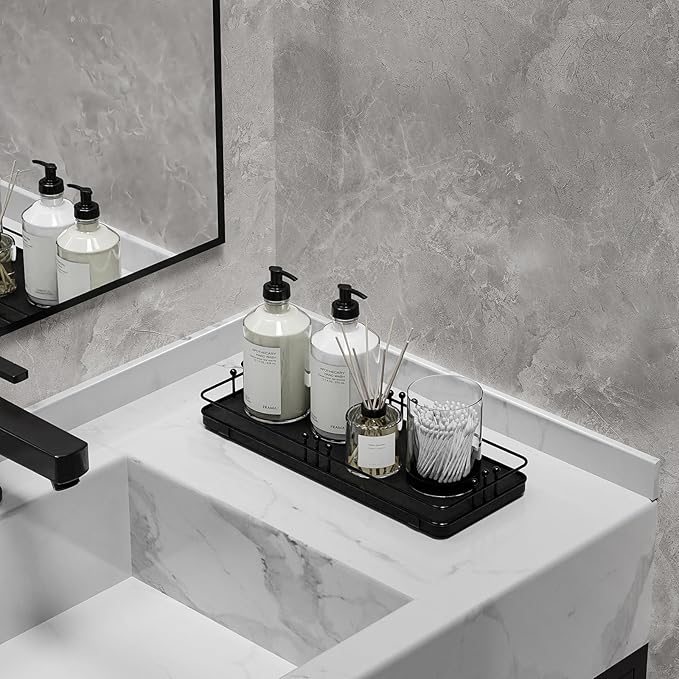 Bathroom Vanity Tray for Countertop Toiletries Perfume Makeup Soap Dispenser Toilet Tank, Kitchen Tray for Salt Spice, Black Decor Tray for Candle Nightstand Coffee 11.3”x 4.4”