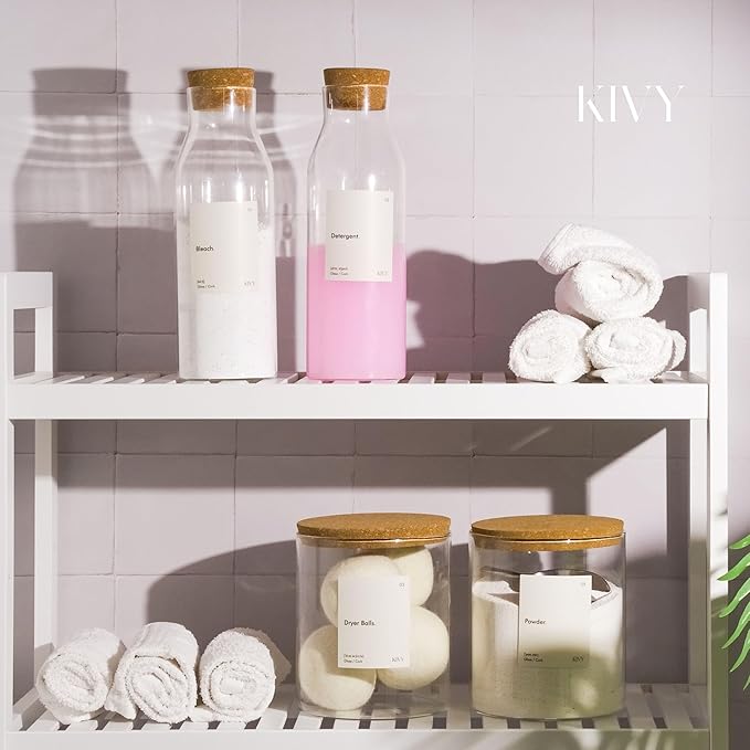 KIVY Glass Laundry Detergent Dispenser + Labels [Set of 2] Glass Jars for Laundry Room Organization Decor - Scent Beads & Soap Dispenser for Liquid Detergent Dispenser & Fabric Softener