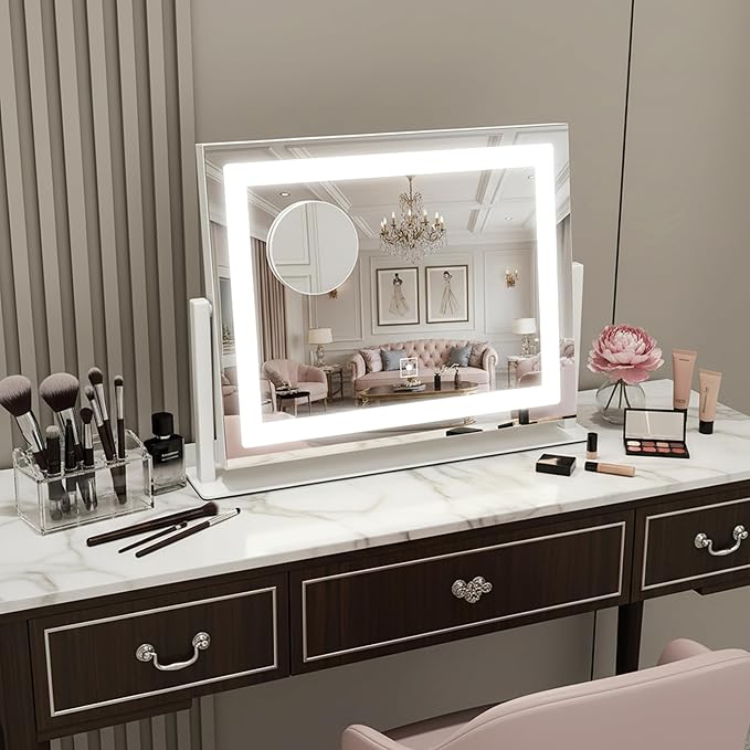 HNV 16"x13" Vanity Mirror with Lights, Hollywood Lighted Makeup Mirror with 10X Magnification, Smart Touch Control, 3 Color Dimmable LED, Rounded Frame Tabletop or Bathroom Dresser Mount (White)