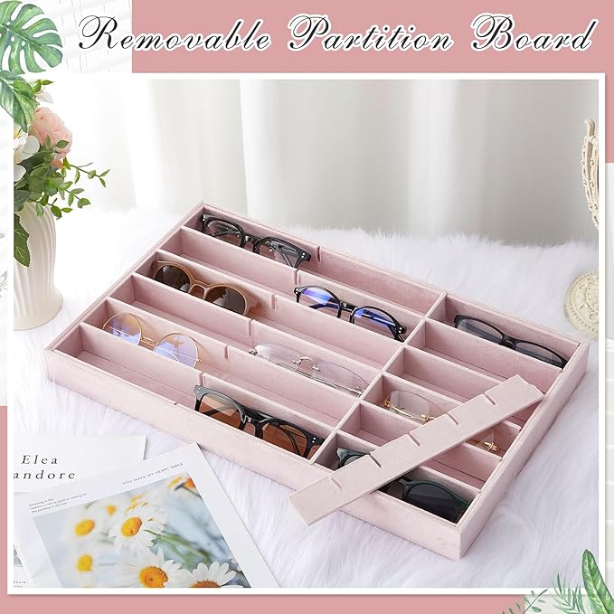 Amylove 2 Pcs Sunglass Organizer Trays Glasses Stackable Jewelry Trays Sunglass Organizer Display Box (18 Grids,Pink)