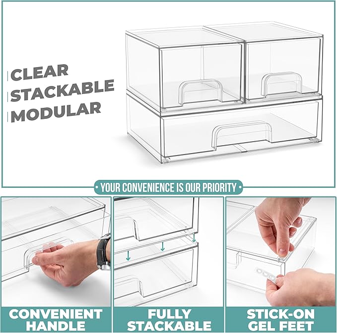 Sorbus Stackable Acrylic Storage Drawers – 4 Small + 2 Wide – 6 Pack Clear Plastic Organizer Bins for Baby Bottles, Makeup, Bathroom & Vanity, Pull-Out Drawer Design for Kitchen Cabinets
