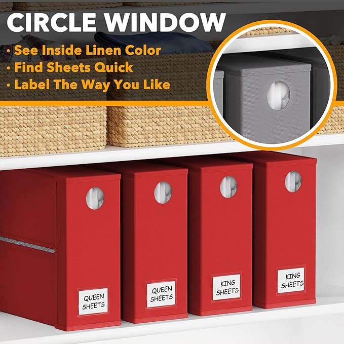 SpaceAid 4 Pack Bed Sheet Organizers and Storage, Foldable Sheet Organizer for Linen Closet, Sheets Set Folder Keeper with Window XL (Queen & King Size) Bedding Container (Red, 4 Pack)