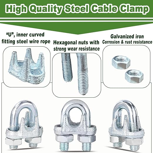 100PCS 3/8" M10 Zinc-Plated Wire Rope Clamps – Heavy Duty U-Bolt Cable Clips (Silver)