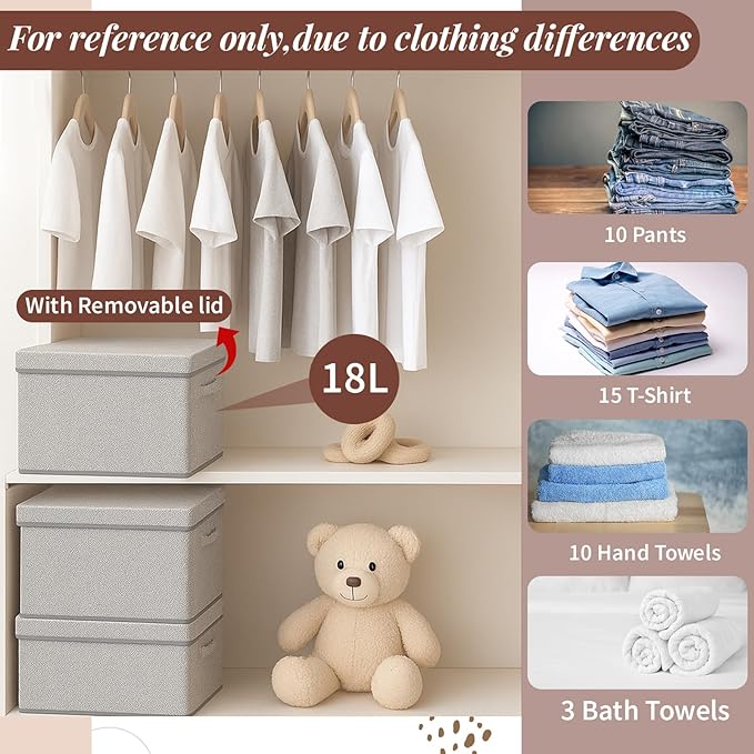 LemonRoad 6 Pack 14'' x 10'' x 8'' Collapsible Storage Bins with Removable Lids, Fabric Closet Organizers with Handles, Foldable Memory Boxes for Organizing Shelves Nursery Bedroom, Home Closet, Gray