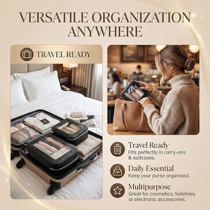 Makeup Bag | Transparent Toiletry Bag | Portable Waterproof Makeup Storage Bag | Travel-Specific Skincare Storage Bag | 2 Sets,L+M+MINI (Black)