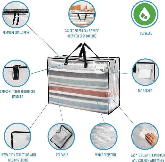 VENO 4 Pack Moving Bags, Christmas Storage Containers, Storage Totes, Zipper On Top, Sturdy, Storage Bags for Camping, Clothes, Bedding, Comforters, Pillows (27 Gallon Clear, 4 Pack)