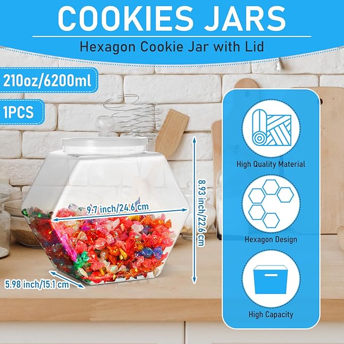 Uiifan 1 Piece Plastic Candy Jar with Lid Cookie Jar Clear Hexagonal Fish Bowls Containers for Snacks, Dog Food, Desk Pet, Craft and Sewing Supplies, Coffee Pod, Laundry Pod Storage Display(210 oz)