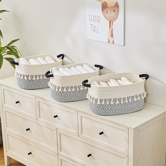 Storage Bins Woven Baskets for Storage Set of 3, Cotton Rope Basket with Handles for Toys/Shelves/Laundry, Rectangle Multi-Purpose Organizer for Living Room, Bedroom, Nursery (White/Black)