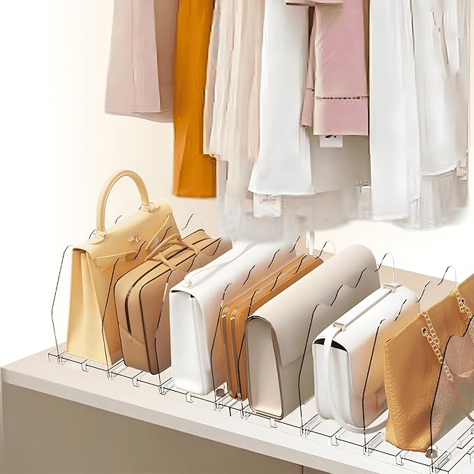 2 Pack Clear Bag & Purse Organizer for Closet - Adjustable Shelf Dividers for Closet Organizer - Clear Bag Storage Separator Rack for Handbag, Clothes Clutch, Tote, Book in Bedroom, Office