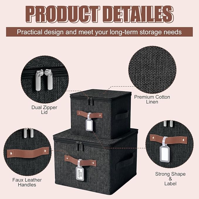 6 Pack Fabric Closet Storage Bins with Zipper Lids and Label, 10×8×7In Large Size Foldable Cotton Linen Storage Cubes Boxes with PU Leather Handles Holders for Bedroom, Shelf, Nursery, Black