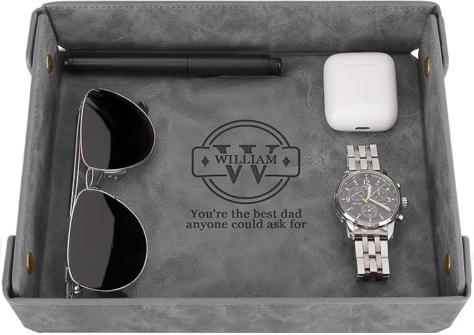Engraved Father’s Day Leather Valet Tray – Personalized Leather Catch All with Custom Name – Men’s Valet Tray Organizer for Keys, Watches, and Jewelry – Unique Dad Gift from Daughter or Son - Grey