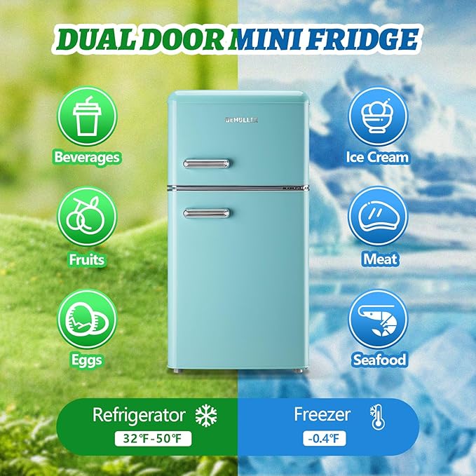 Small Refrigerator with Top Freezer 100Liter Retro Mini Fridge with Adjustable Glass Shelving, 7 Temperature Control and LED Lighting, Retro Mint Blue