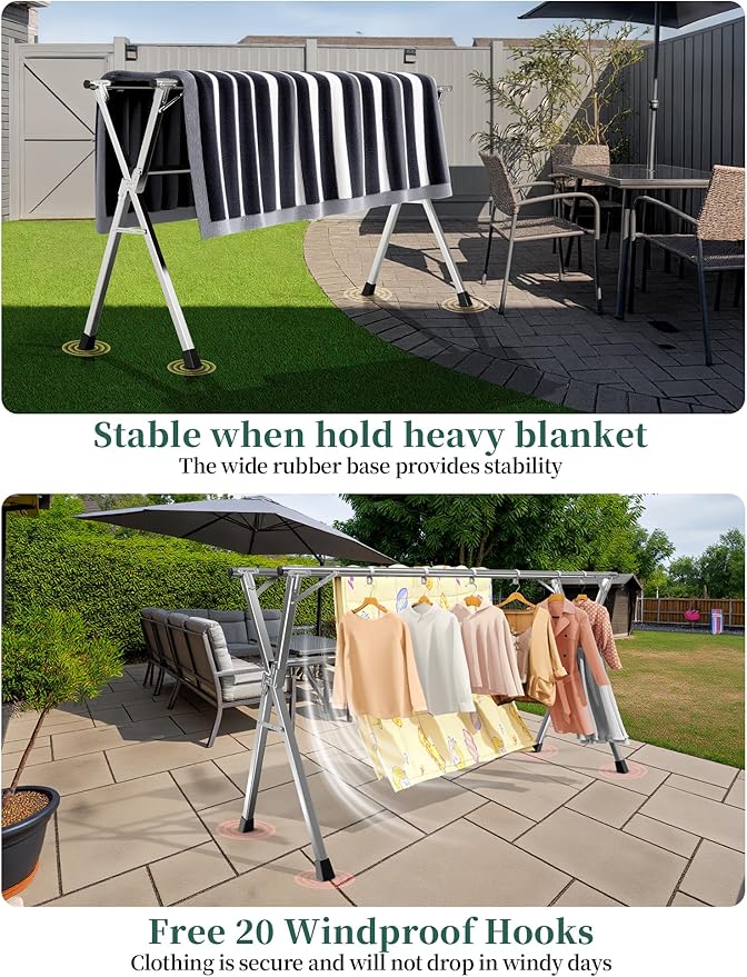 63 Inches Heavy - Duty Stainless Steel Folding Clothes Drying Rack Clothing Indoor Outdoor Anti-Rust 20 Windproof Hooks Portable & Foldable Laundry Rack (63'')
