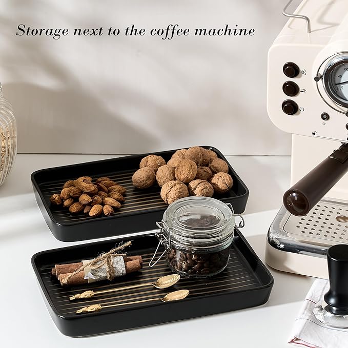 10"×6"×1" Black Bathroom Vanity Tray for Countertop- Ceramic Decorative Organizer Tray for Dresser Tops, Toilet, Perfume, Sponge Holder Soap Dish Dispenser for Kitchen Counter- Golden Stripes