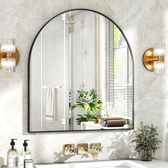 31"x32" Arched Wall Mirror for Bathroom, Black Vanity Mirror for Bedroom, Living Room, Entryway, Decorative Hanging Mirror for Wall