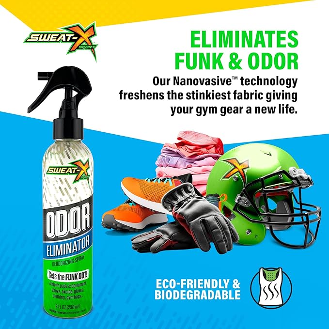 Sweat X Sport Extreme Odor Spray – Multipurpose Deodorizer for Stinky Shoes, Clothes, Sports Equipment & All Fabrics – Concentrated Formula, No Washing Required - Active Fresh Scent – 8 Fl Oz