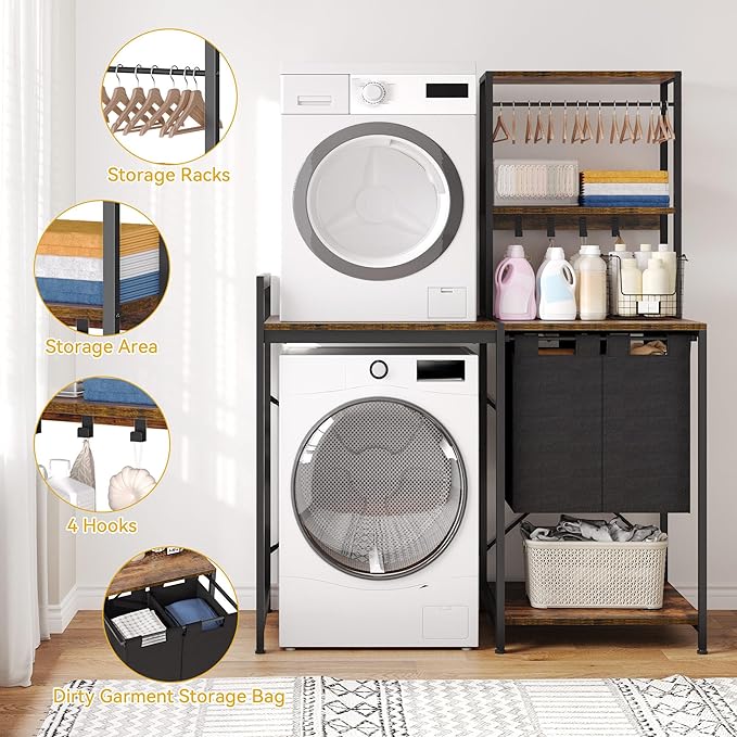 DWVO Over Washer and Dryer Shelves, Laundry Room Organization with Removable Pull-Out Hamper, Hanging Rods, Metal Hooks, Heavy-Duty Laundry Countertop with Non-Tipping Kits, Retro Color