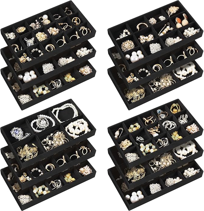 Junkin 12 Pcs Jewelry Tray Velvet Stackable Jewelry Organizer Trays Divided Earring Accessories Storage Containers Box (Rose Red)