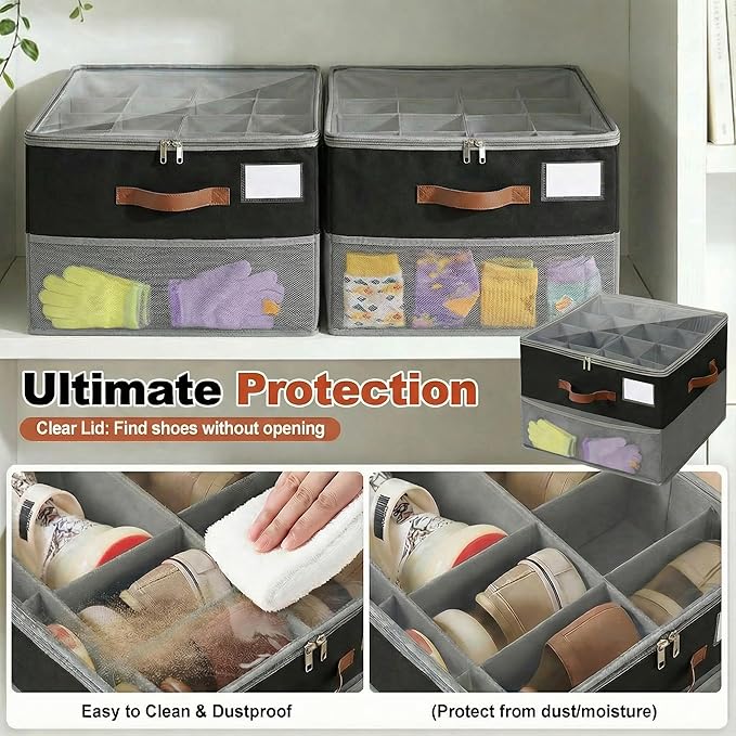 Shoe Organizer for Closet, Fabric Shoe Storage Boxes with Lids, Adjustable Dividers for 16 Pairs, Foldable Shoe Cubby with Mesh Storage & Label Window, Fits Tall Boots, Black & Grey