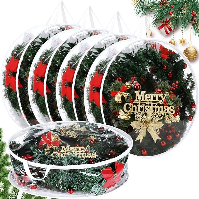 Zhengmy 5 Pcs 24 Inch Christmas Wreath Storage Bags Transparent Wreath Storage Container Bulk Wreaths Box with Dual Zippers and Handles for Xmas Holiday Wreaths Garland