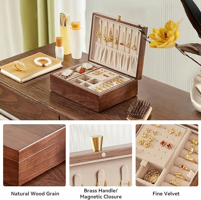 CHOSIN Black Walnut Wooden Jewelry Box for Women 2 Layer Jewelry Organizer with Removable Tray for Watches Rings Earrings Necklace Bracelets Storage Valentine's Day Gifts