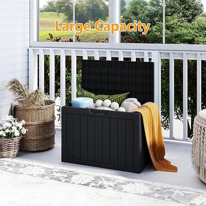 46 Gallon Resin Deck Box Waterproof Outdoor Storage Box for Patio Furniture Pool Accessories Indoor Storage for Cushion Garden Tools, Black