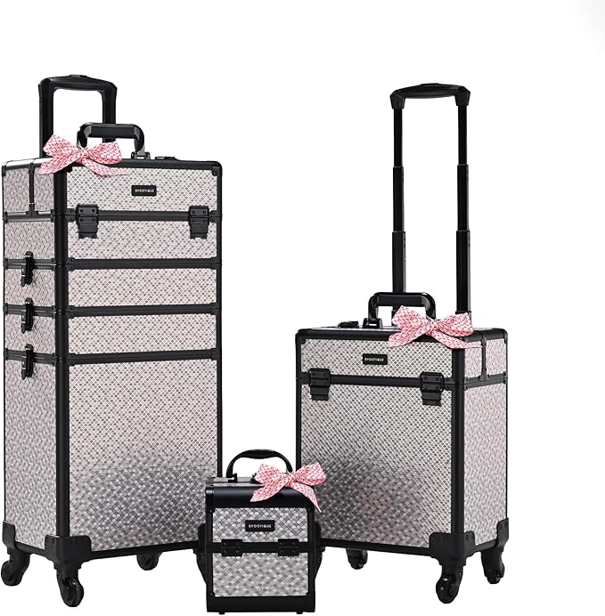 BYOOTIQUE Rolling Makeup Train Case on Wheels 3-Piece Hairdressing Brush Bags Cosmetology Art Deco Graphite