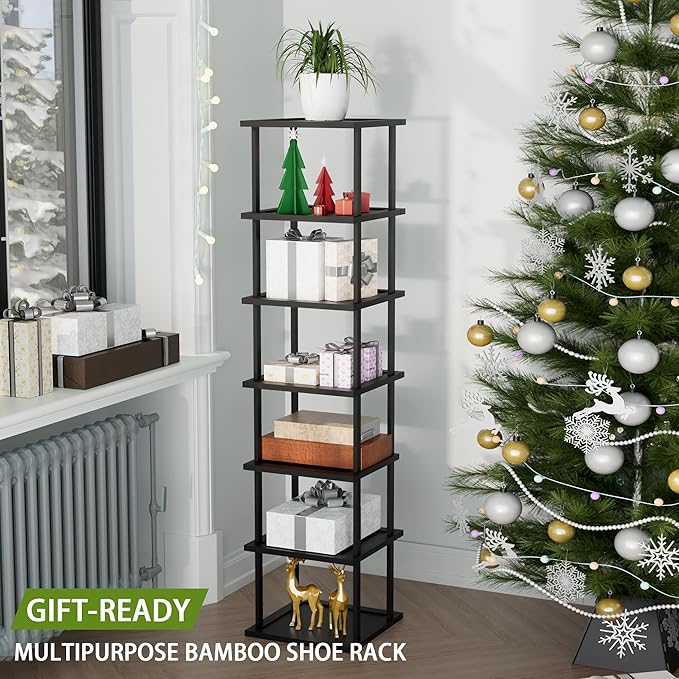 Vertical Tall Shoe Rack Organizer for Entryway -7 Tier Free Standing Slim Narrow Bamboo Wood Corner Stackable Shoe Boots Storage Stand Small Spaces for Closet Garage Cloakroom Living Room (Black)