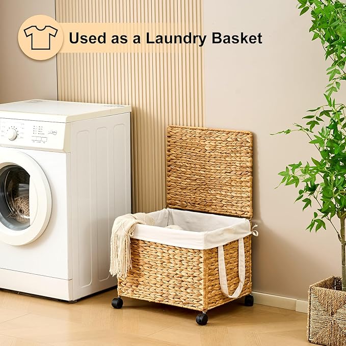 Laundry Hamper with Lid, Large Capacity Woven Natural Water Hyacinth Laundry Sorter with Removable Liners, Rolling or Non-Slip Design for Bedroom (Natural, 60L)