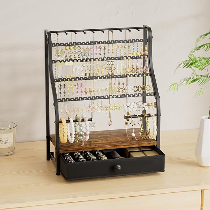 SWTYMIKI Earring Holder Organizer - Jewelry Organizer Stand with Necklace Hooks, Watch Rods, Nonwoven Drawer, Large Capacity Jewelry Display for Stud Earring Bracelet Necklace Ring, Espresso