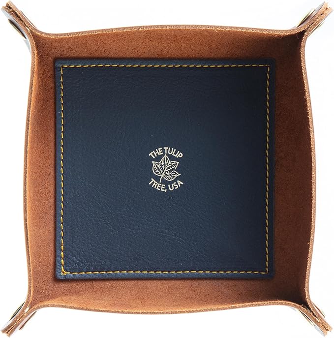 USA Handmade Premium Leather Valet Tray, Folds Flat! Dice Rolling Basket and Organizer with Brass Snaps (Chestnut and Blue Gold, Medium)