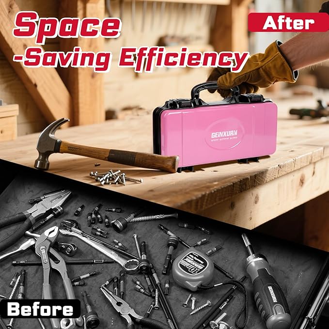 11”Pink Tools Box, Portable Steel Heavy-duty Tool Case with Safety Latch and Handle for Tools Storage and Organizers, Home DIY