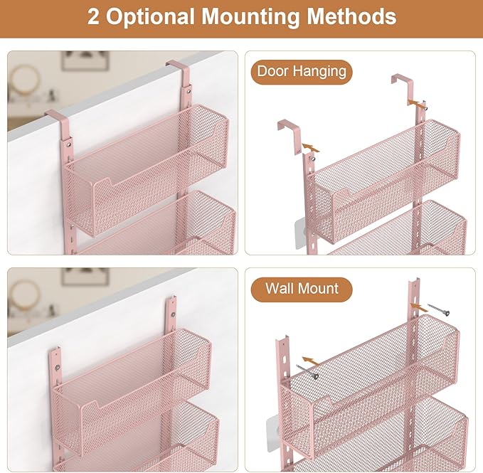 Over The Door Organizer, Metal Door Organizer Hanging with 5 Adjustable Baskets and Coat Hook, Behind The Door Storage for Bedroom Closet Bathroom Pantry Cabinet Kitchen, Pink
